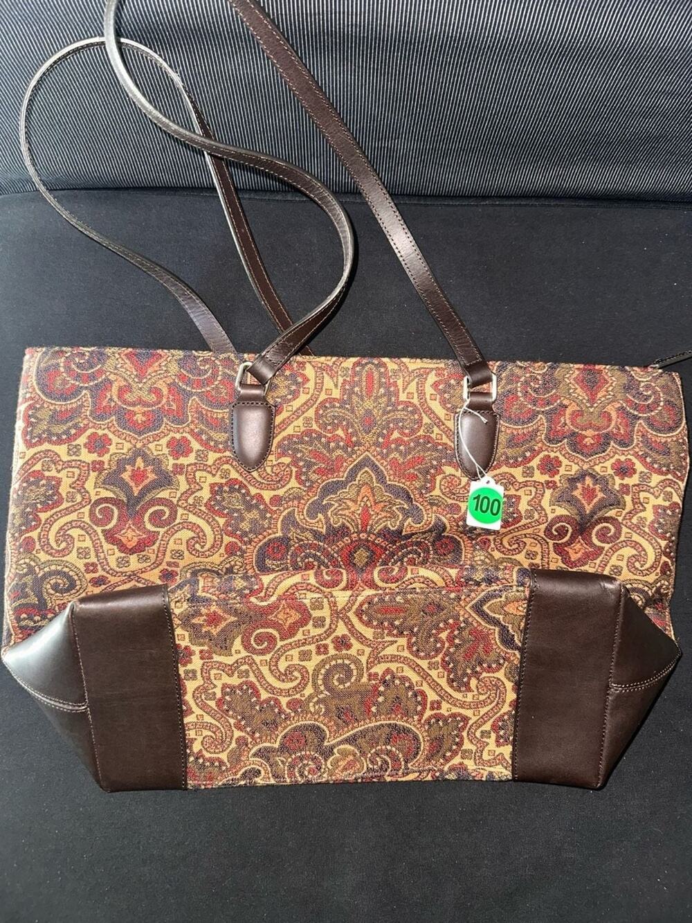 No.100 Talbots Paisley Tapestry Tote Bag with Brown Leather Trim